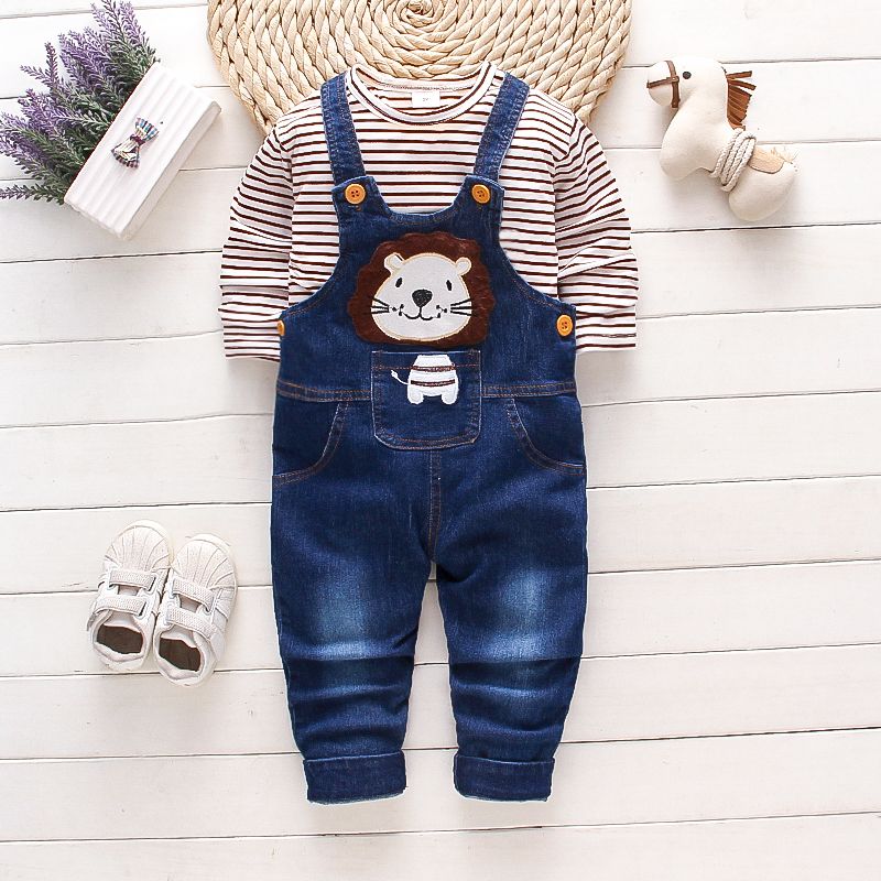 2-piece Toddler Girl/Boy Short-sleeve Tee and Lion Embroidered Pocket Design Denim Overalls Set Navy