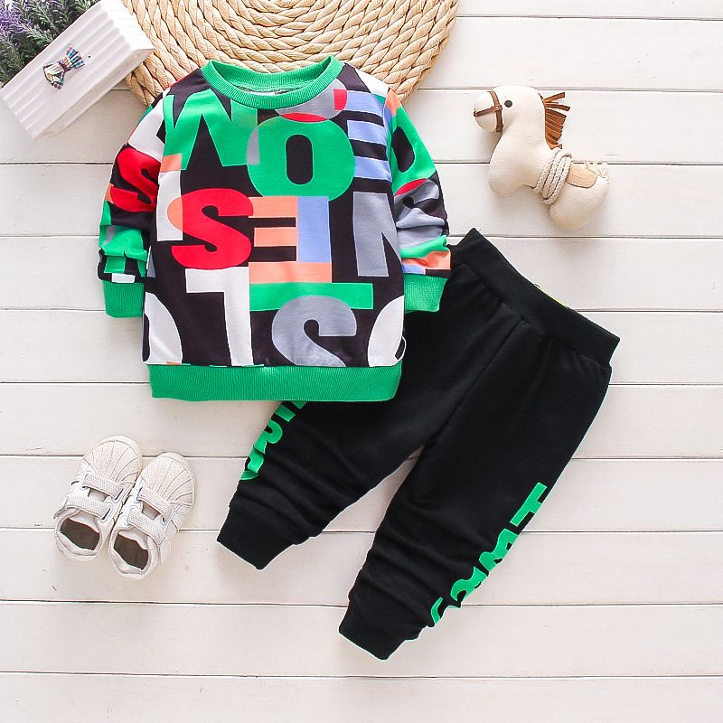 2-piece Toddler Boy Letter Print Pullover Sweatshirt and Pants Casual Set Green big image 1