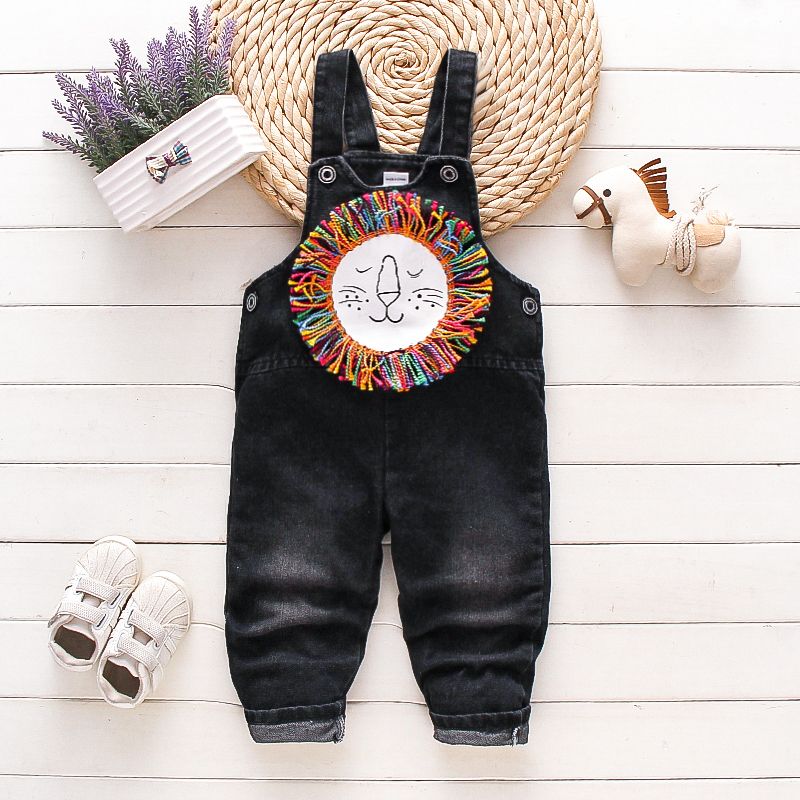 Toddler Boy Animal Lion Embroidered Tasseled Casual Overalls Black