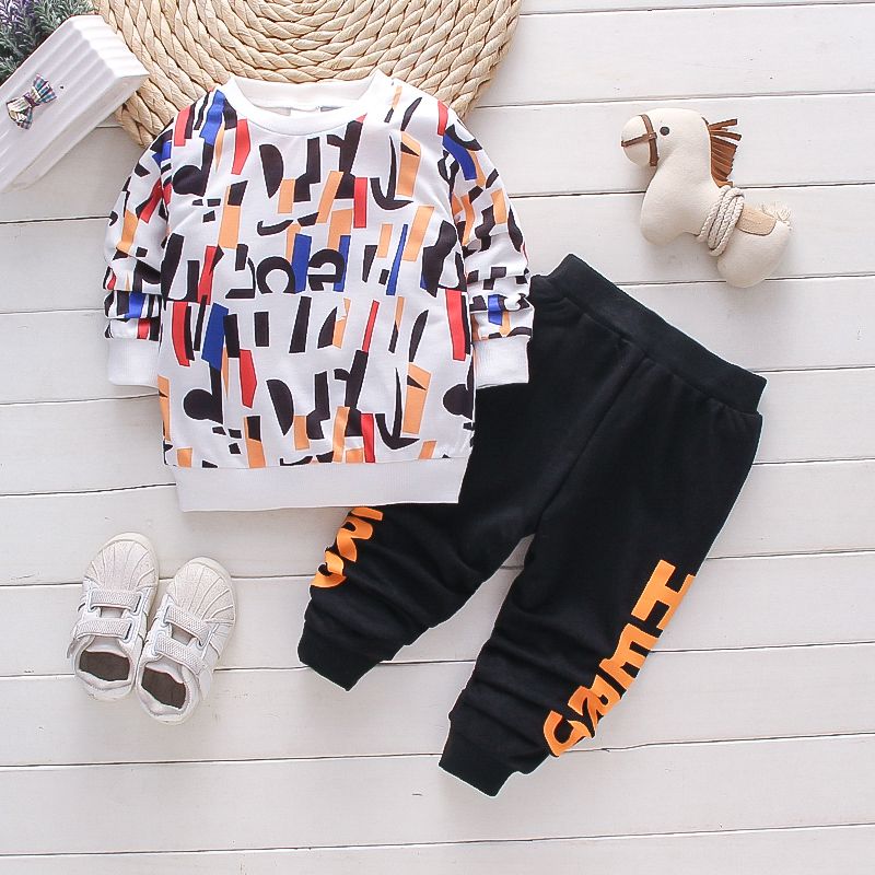 2-piece Toddler Boy Allover Print Pullover Sweatshirt and Letter Print Pants Set White