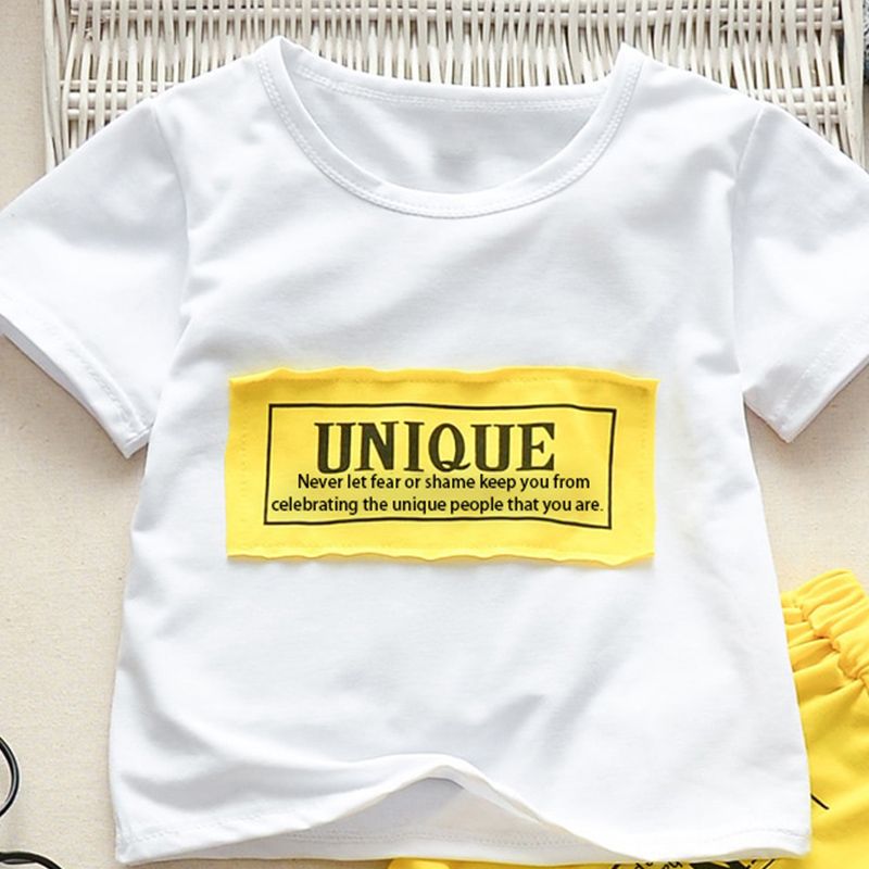2pcs Toddler Boy Casual Letter Print White Tee and Shorts Set Yellow