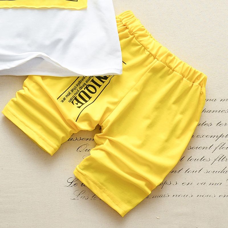 2pcs Toddler Boy Casual Letter Print White Tee and Shorts Set Yellow big image 4