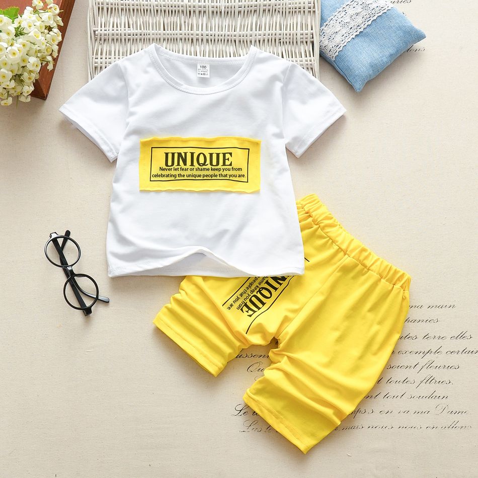 2pcs Toddler Boy Casual Letter Print White Tee and Shorts Set Yellow big image 6