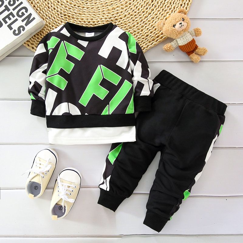 2pcs Baby Boy All Over Letter Print Long-sleeve Pullover Sweatshirt and Joggers Pants Set Green big image 1