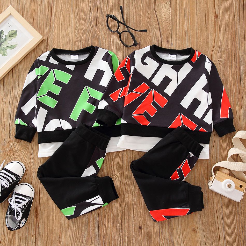 2pcs Baby Boy All Over Letter Print Long-sleeve Pullover Sweatshirt and Joggers Pants Set Green big image 2