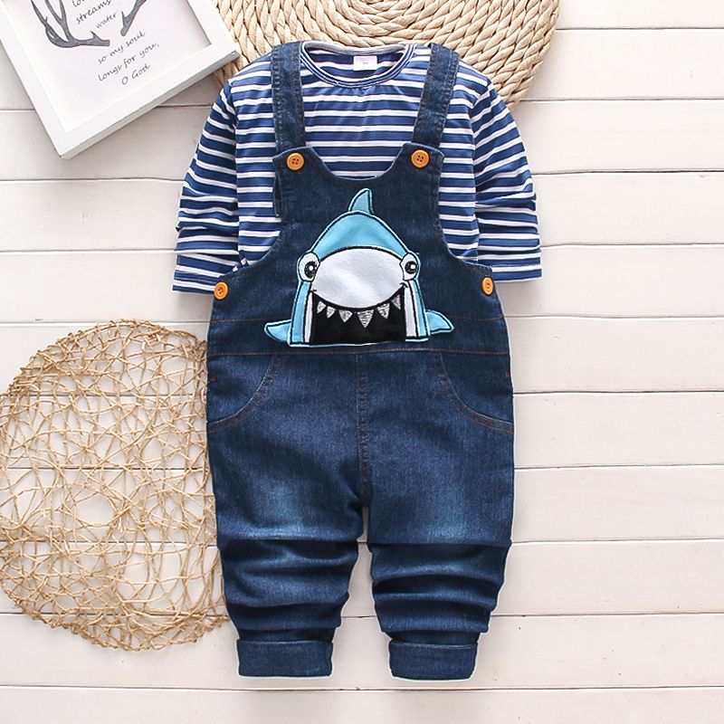 2pcs Toddler Boy Stripe Short-sleeve Tee and Shark Embroidered Denim Overalls Set Navy