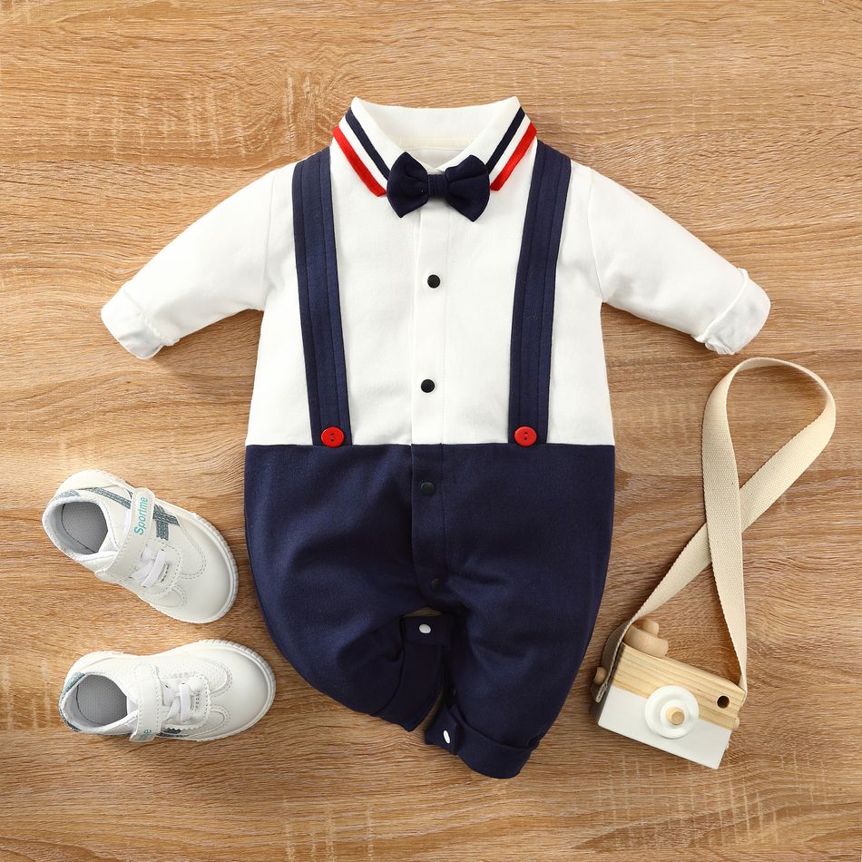 100% Cotton Colorblock Faux-two Gentleman Baby Lapel Bow Tie Long-sleeve Jumpsuit Dark Blue/white