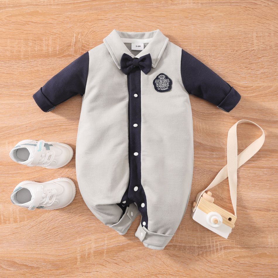 100% Cotton Baby Boy Preppy Style Grey Lapel Long-sleeve Gentleman Jumpsuit Grey