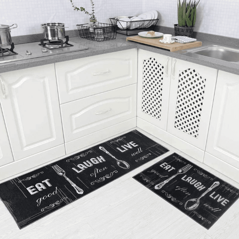 2-pack Kitchen Rug Set Non-Slip Kitchen Throw Rug for Kitchen Sink Laundry Doormat Entryway Black big image 1