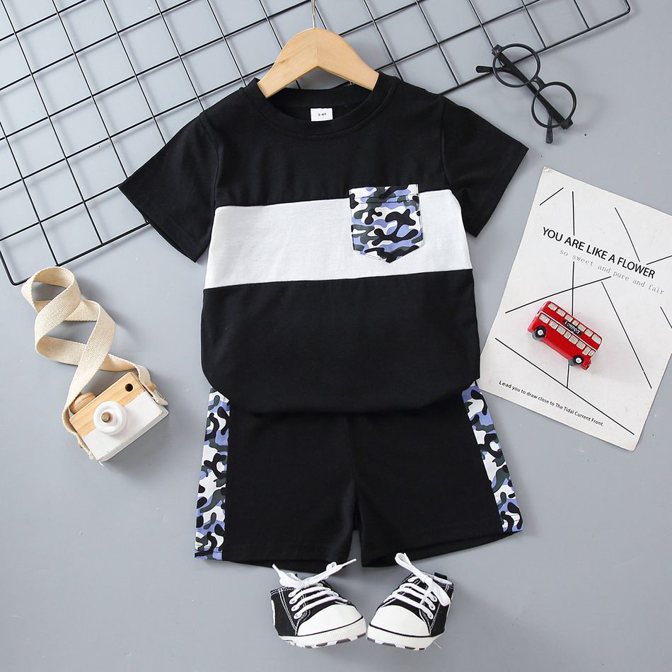 2pcs Toddler Boy Casual Camouflage Print Colorblock Tee and Shorts Set Black/White