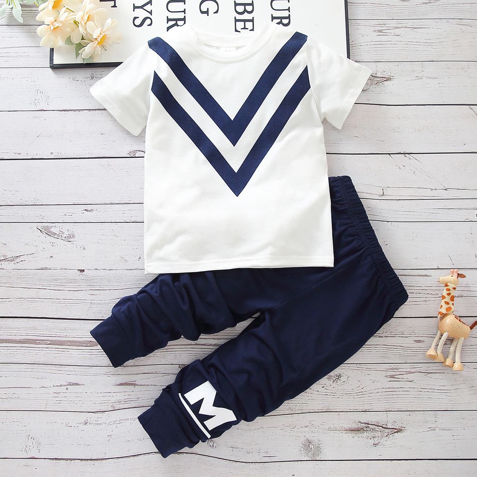 2pcs Toddler Boy Chevron Stripes Tee and Letter Print Pants Set Dark Blue/white