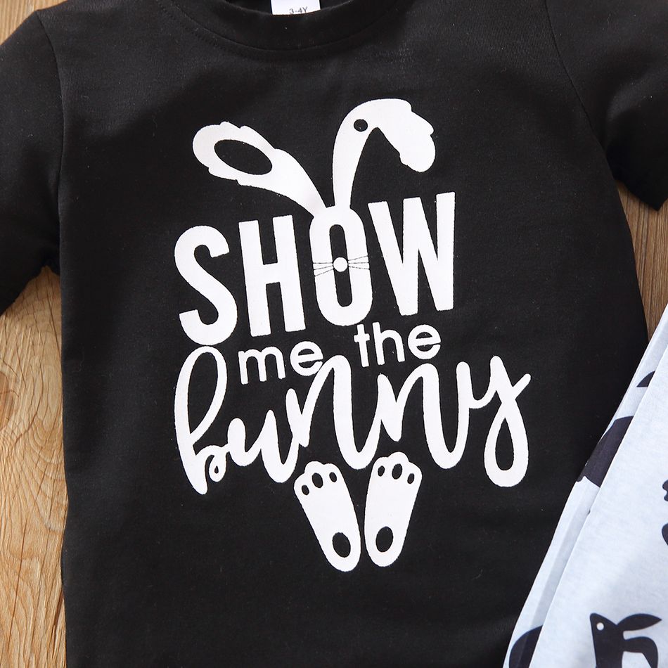 Easter 2pcs Toddler Boy Letter Rabbit Print Tee & Pants Set Black big image 3