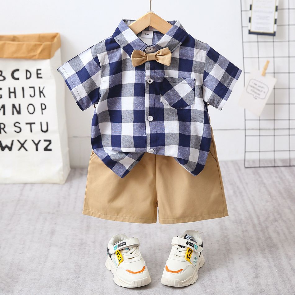 2pcs Toddler Boy Casual Plaid Shirt & Khaki Shorts Set Black/White big image 1