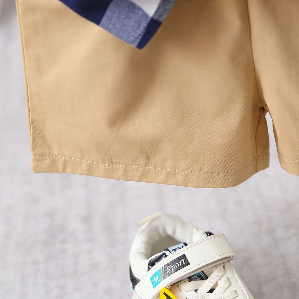 2pcs Toddler Boy Casual Plaid Shirt & Khaki Shorts Set Black/White big image 5