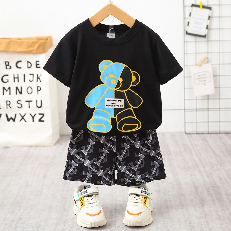 2pcs Toddler Boy Playful Bear Print Tee & Allover Print Shorts Set Black