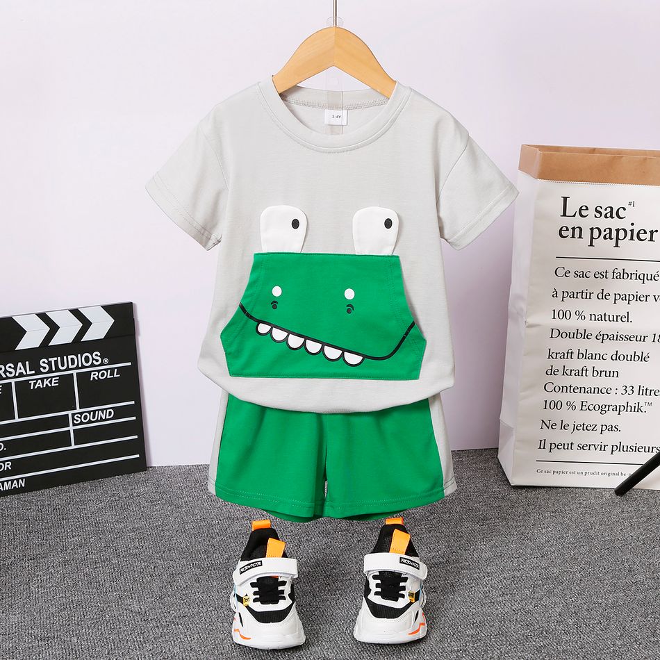 2pcs Toddler Boy Playful Crocodile Print Tee and Colorblock Shorts Set Grey big image 2