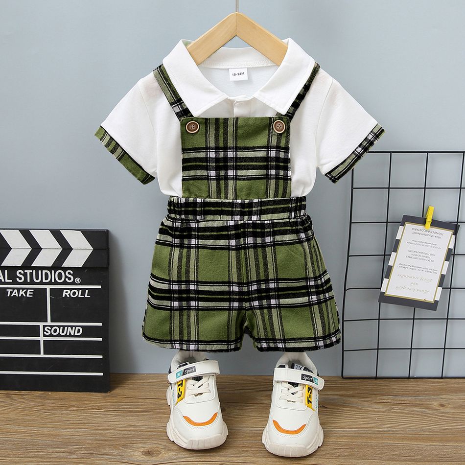 2pcs Toddler Boy Classic Plaid Polo Shirt and Overalls Shorts Set Dark Green big image 1