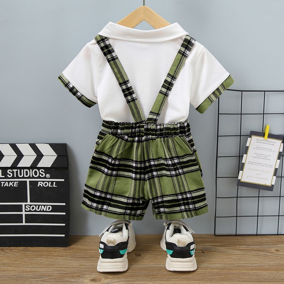 2pcs Toddler Boy Classic Plaid Polo Shirt and Overalls Shorts Set Dark Green big image 2