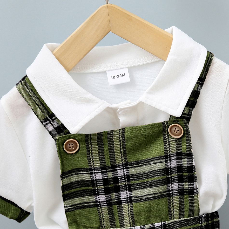 2pcs Toddler Boy Classic Plaid Polo Shirt and Overalls Shorts Set Dark Green big image 3