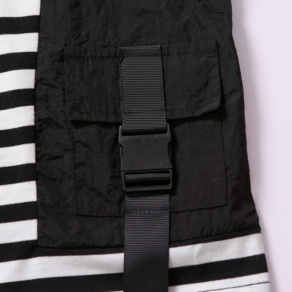 2pcs Toddler Boy Trendy Stripe Pocket Design Tee and Black Shorts Set Black big image 3