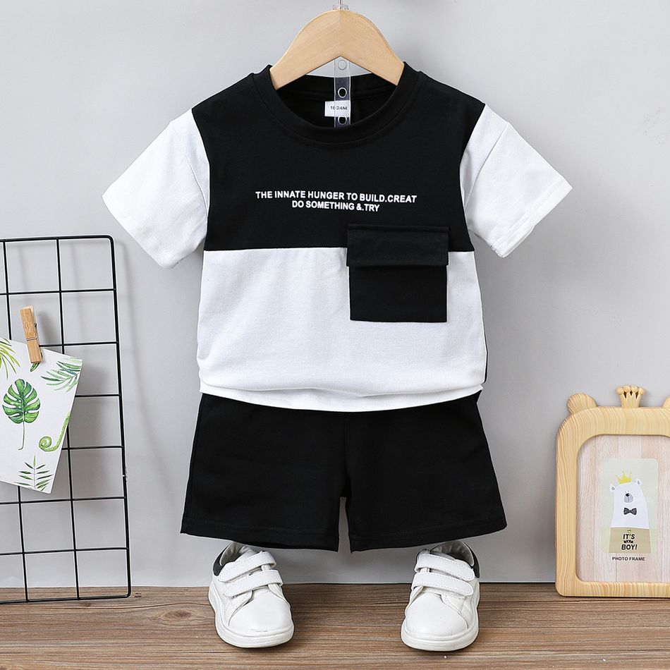 2pcs Toddler Boy Trendy Colorblock Pocket Design Tee and Shorts Set Black