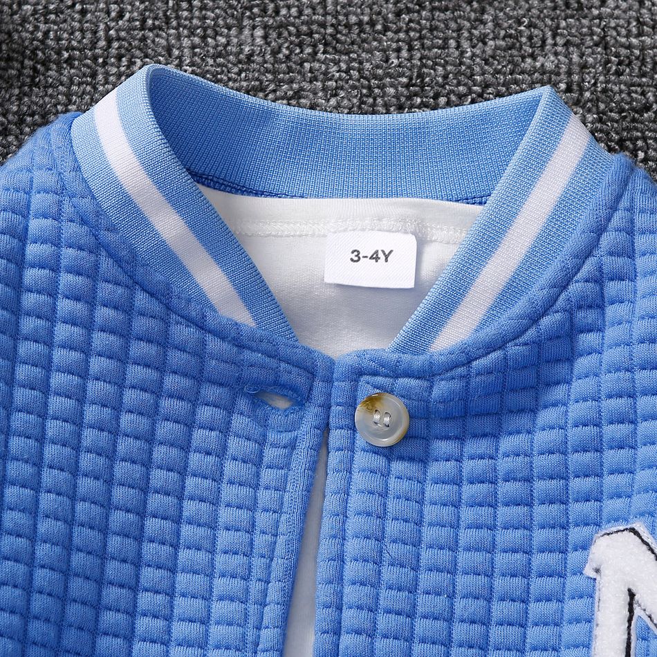 Toddler Boy Casual Letter Embroidered Textured Colorblock Bomber Jacket Blue big image 3