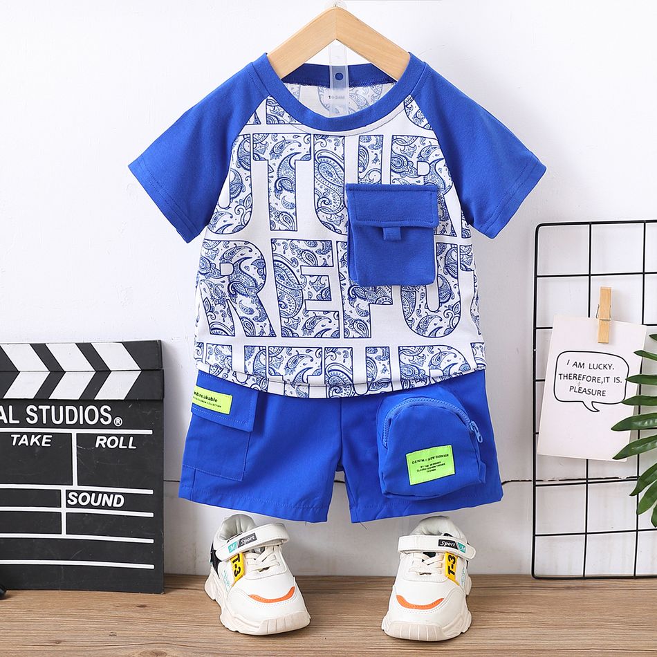 2pcs Toddler Boy Trendy Letter Print Pocket Design Tee and Shorts Set Blue big image 1
