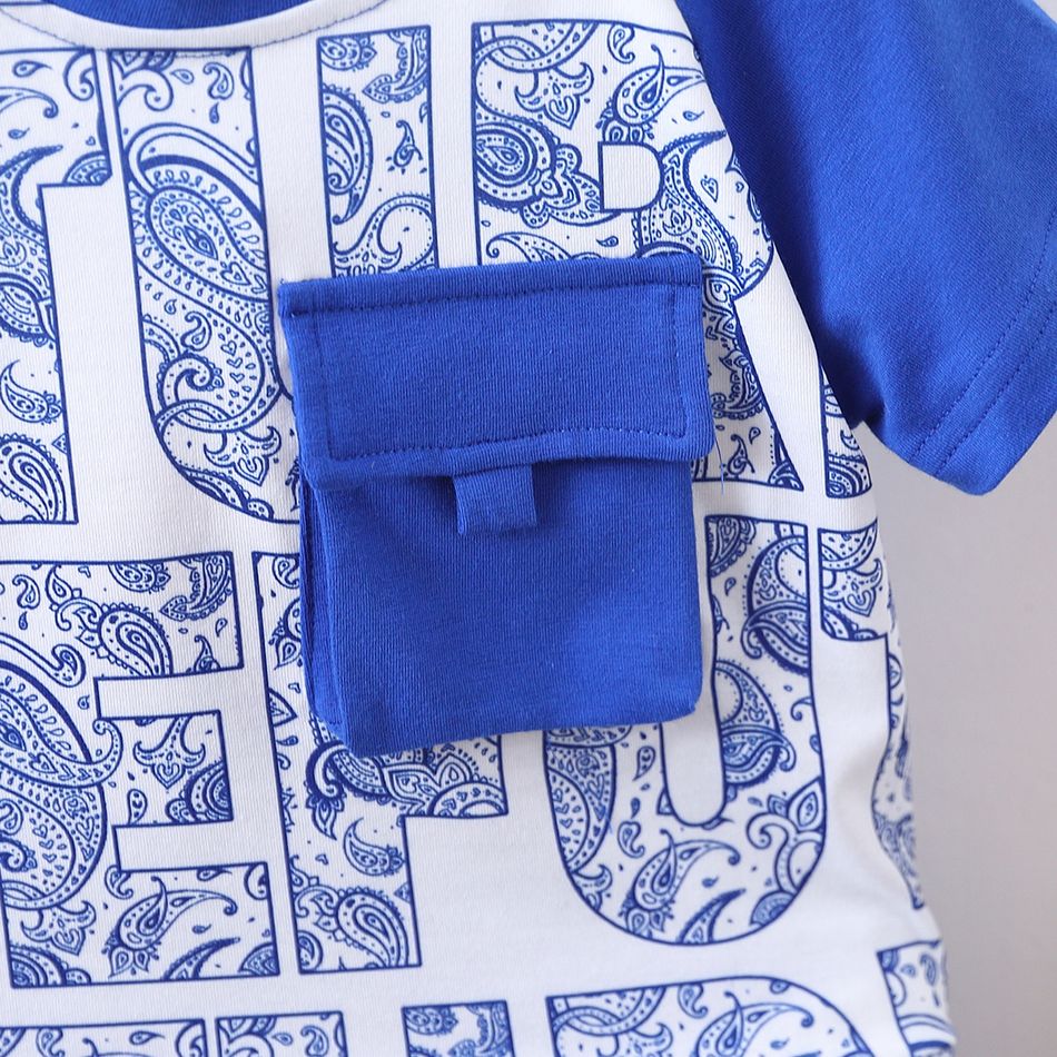 2pcs Toddler Boy Trendy Letter Print Pocket Design Tee and Shorts Set Blue big image 4