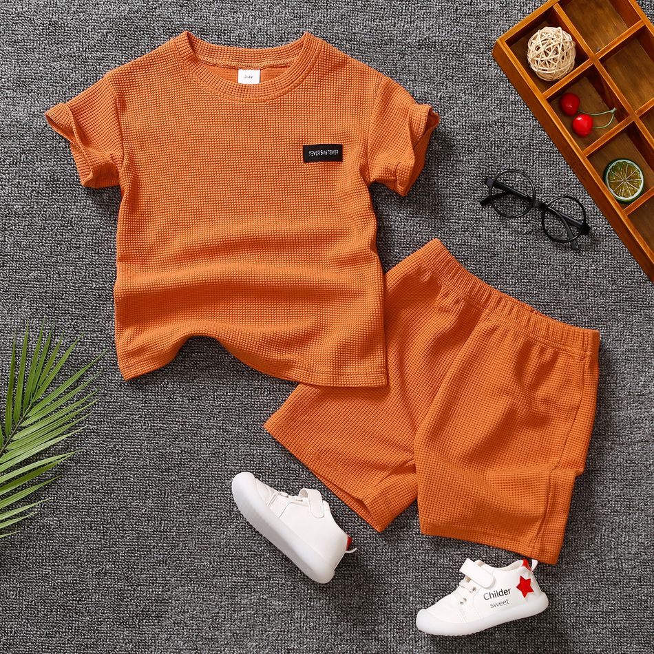 2pcs Toddler Boy Casual Solid Color Waffle Tee and Elasticized Shorts Set Brick red