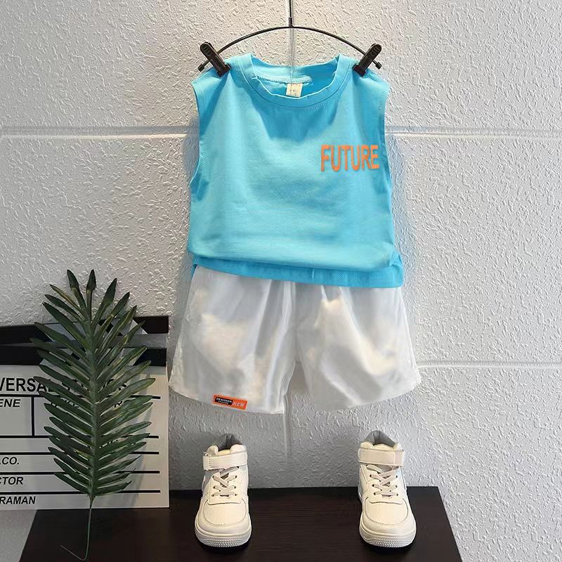 2pcs Toddler Boy Trendy Letter Print Sleeveless Tee and Shorts Set Lakeblue