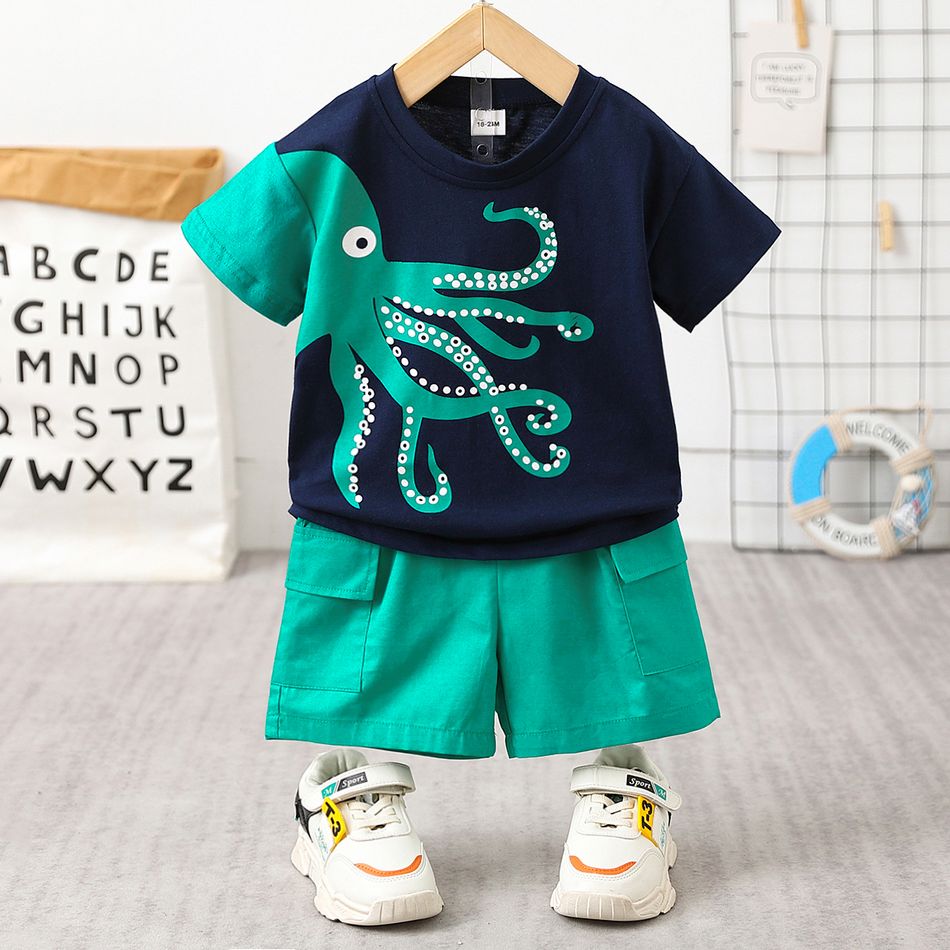 2pcs Toddler Boy 100% Cotton Playful Octopus Print Tee and Pocket Design Cargo Shorts Set Lakeblue