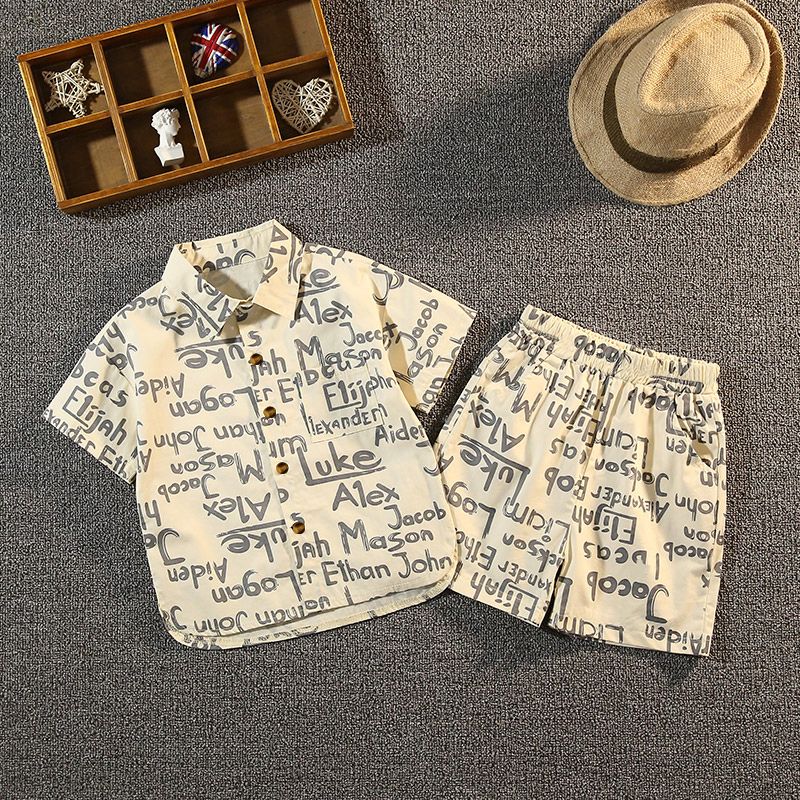 2pcs Toddler Boy Trendy Lapel Collar Letter Print Shirt and Shorts Set Khaki big image 1