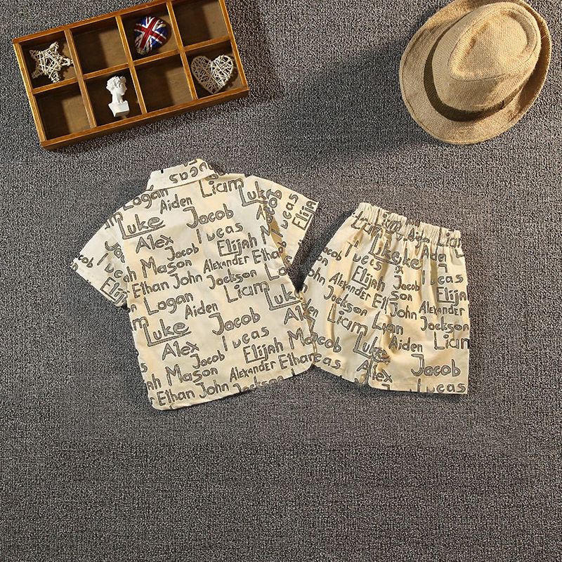 2pcs Toddler Boy Trendy Lapel Collar Letter Print Shirt and Shorts Set Khaki big image 4