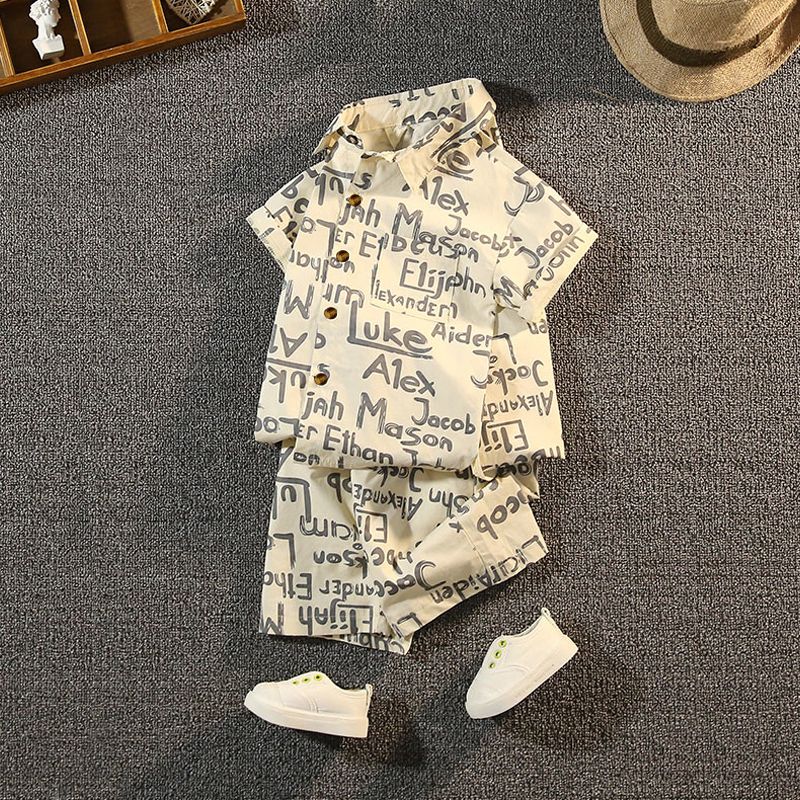 2pcs Toddler Boy Trendy Lapel Collar Letter Print Shirt and Shorts Set Khaki big image 5