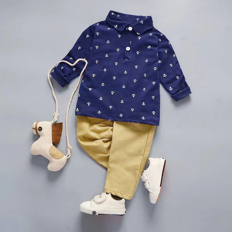 2pcs Toddler Boy Casual Anchor Print Long-sleeve Polo Shirt and Khaki Pants Set Royal Blue big image 1
