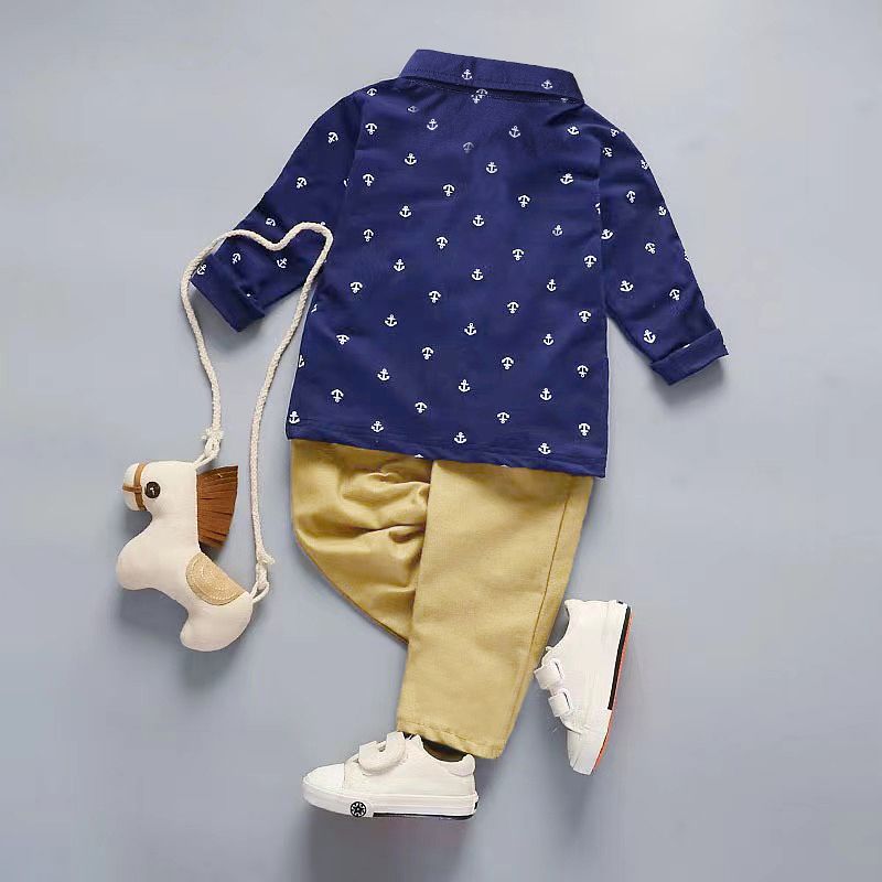 2pcs Toddler Boy Casual Anchor Print Long-sleeve Polo Shirt and Khaki Pants Set Royal Blue big image 2