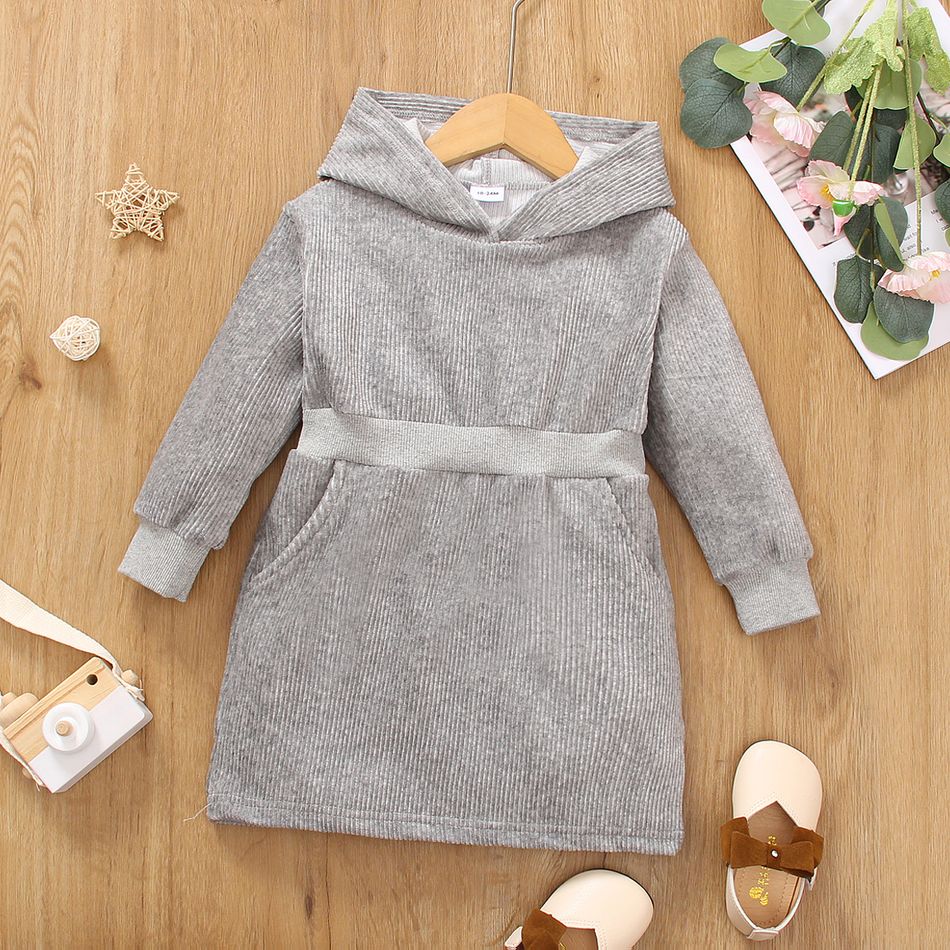 Toddler Girl Solid Color Pocket Design Long-sleeve Hooded Corduroy Dress SILVERGRAY