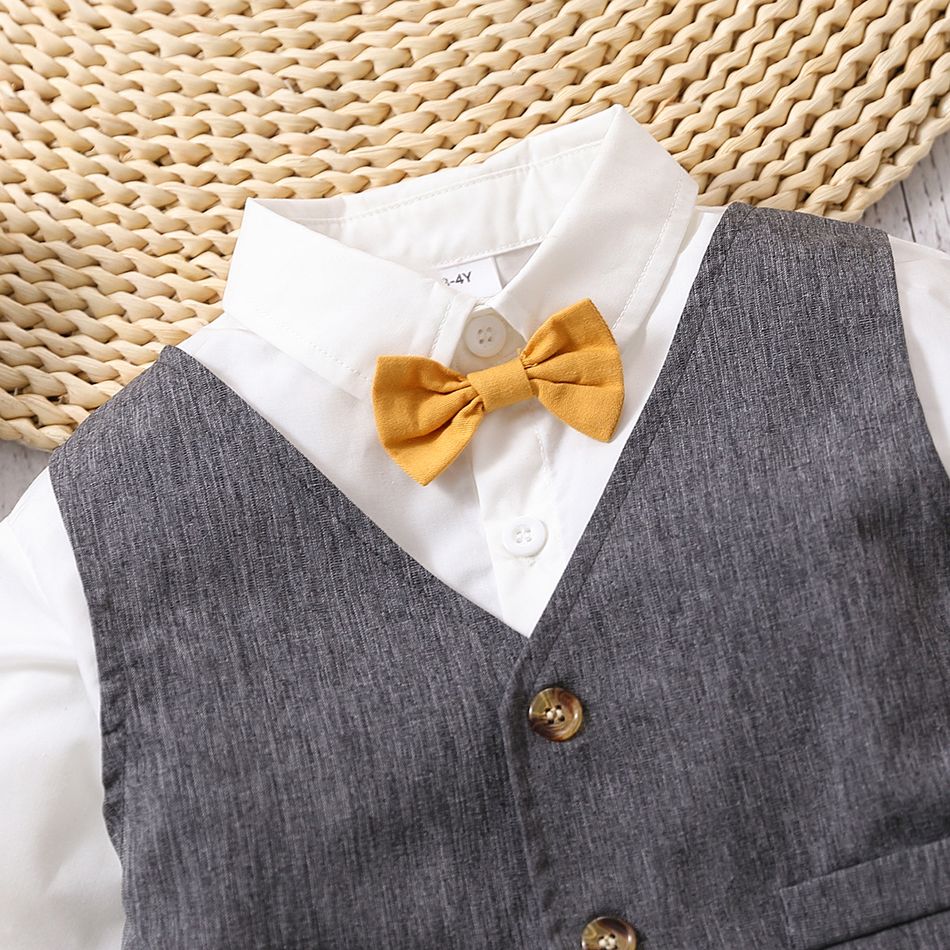 2pcs Toddler Boy Gentleman Suit, Faux-two Bow tie Vest Design Shirt and Pants Party Set Grey big image 3