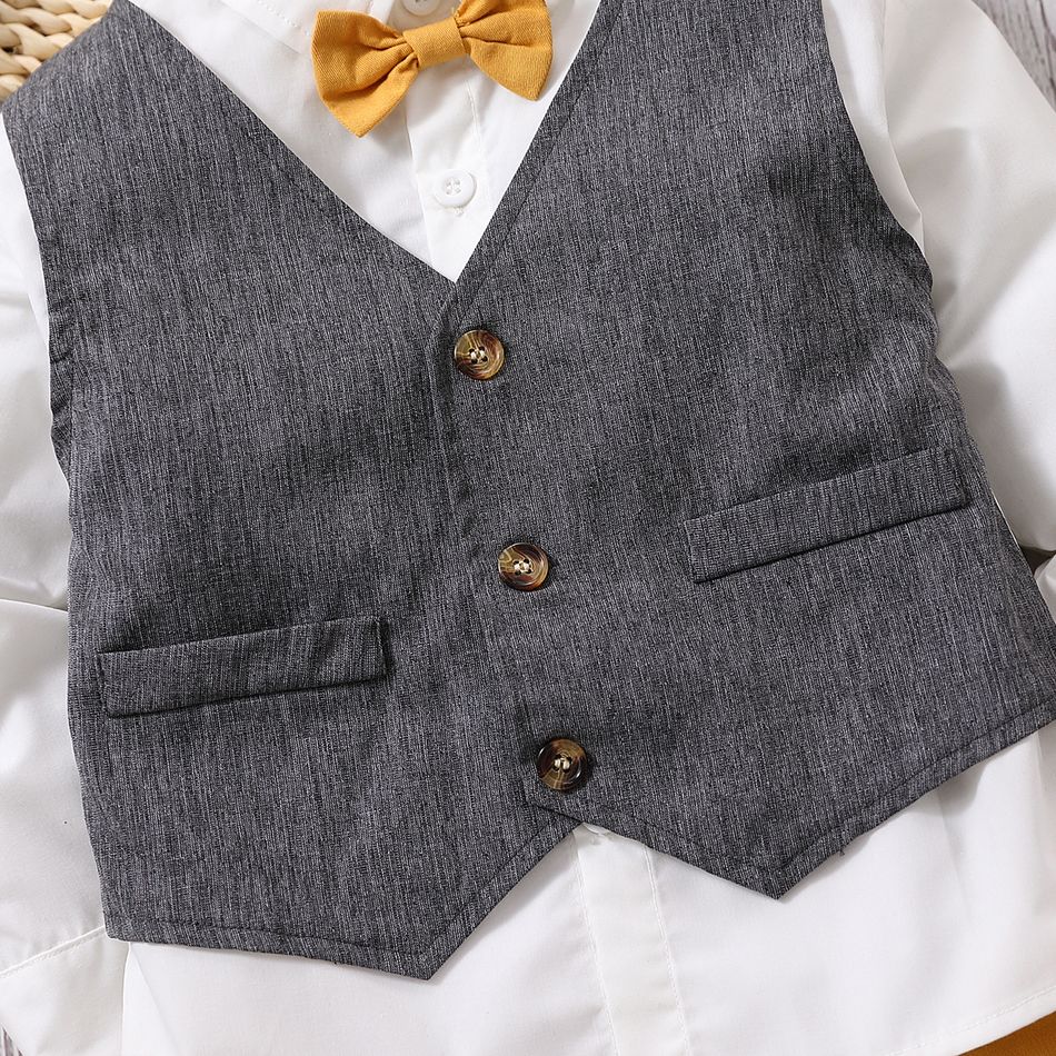 2pcs Toddler Boy Gentleman Suit, Faux-two Bow tie Vest Design Shirt and Pants Party Set Grey big image 4