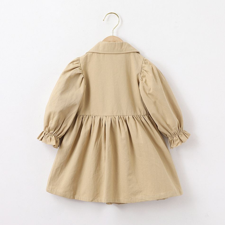 Toddler Girl Elegant 100% Cotton Ruffled Lapel Collar Khaki Trench Coat Khaki big image 2