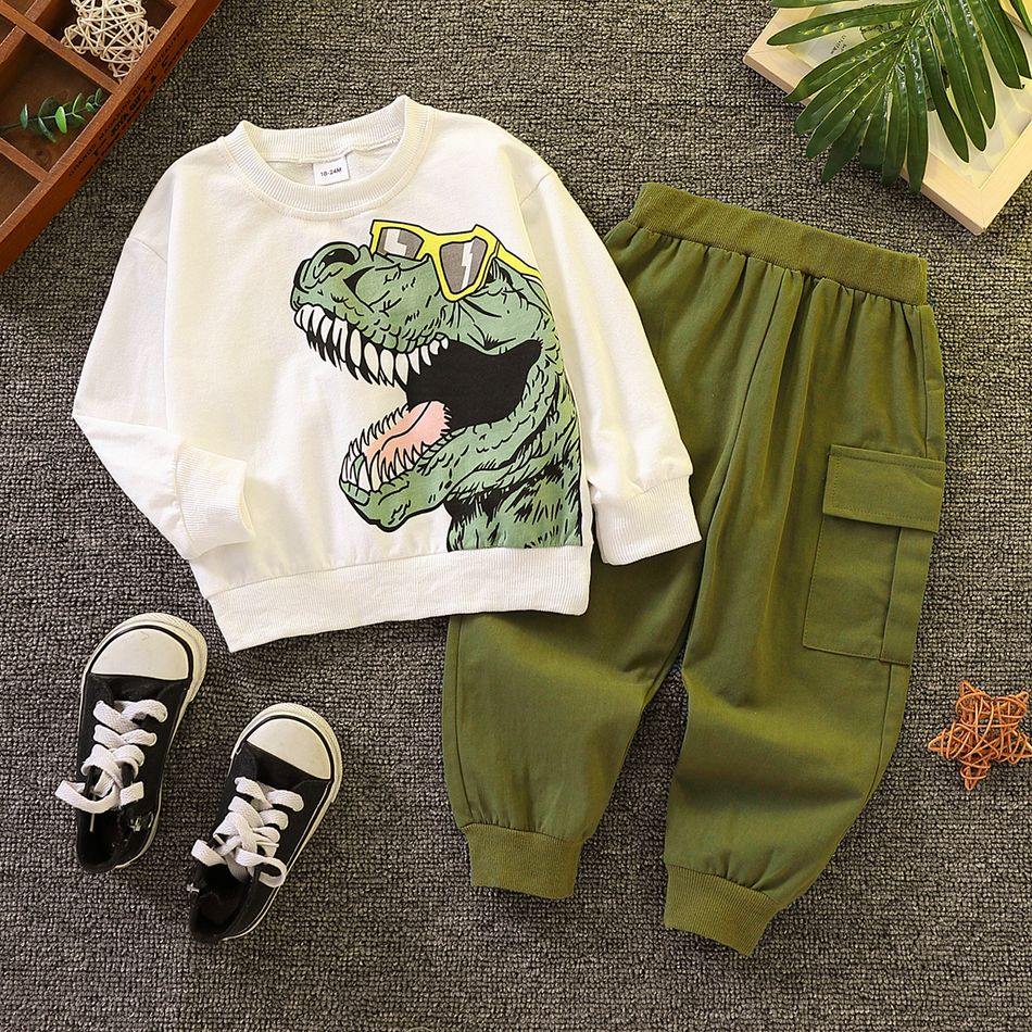 2pcs Toddler Boy Playful Dinosaur Print Sweatshirt and Pocket Design Cargo Pants Set White big image 3