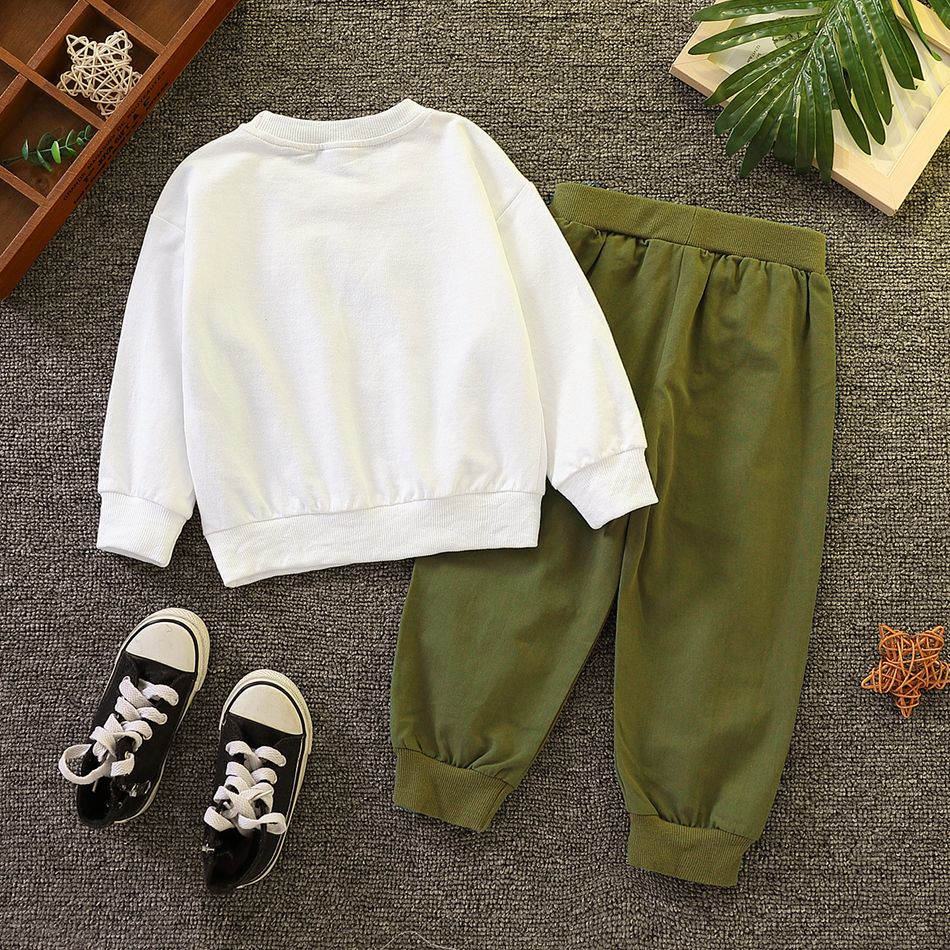 2pcs Toddler Boy Playful Dinosaur Print Sweatshirt and Pocket Design Cargo Pants Set White big image 4