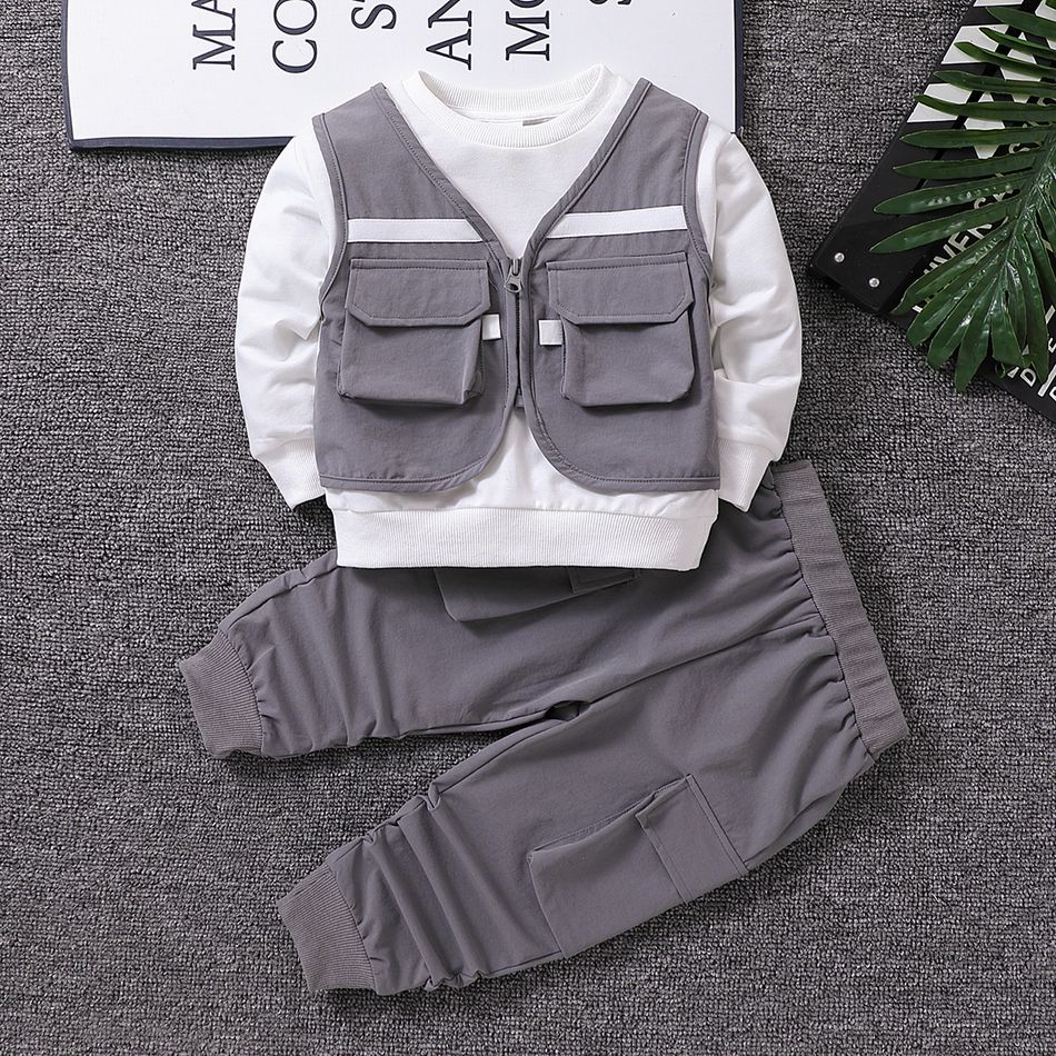 2pcs Toddler Boy Trendy Faux-two Pocket Design Sweatshirt and Cargo Pants Set Grey