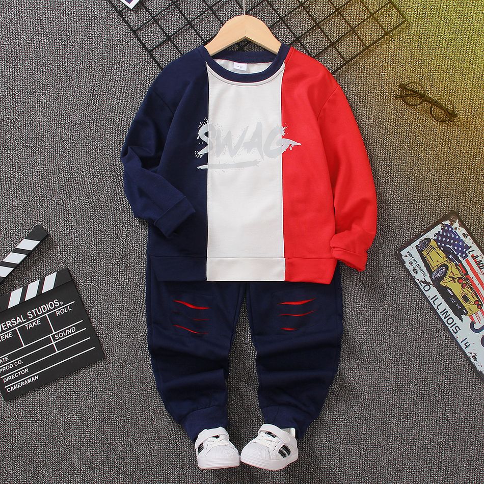2pcs Kid Boy Letter Print Colorblock Pullover Sweatshirt and Ripped Pants Set Color block