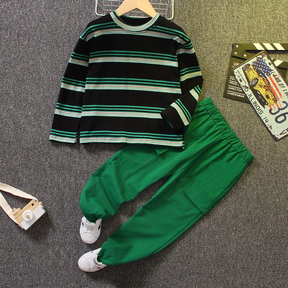 2 unidades Criança Conjuntos Homem Riscas Bolso cosido Verde Escuro big image 1