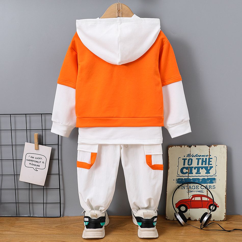 2pcs Toddler Boy Trendy Faux-two Letter Print Hoodie Sweatshirt and Pants Set Orange big image 2