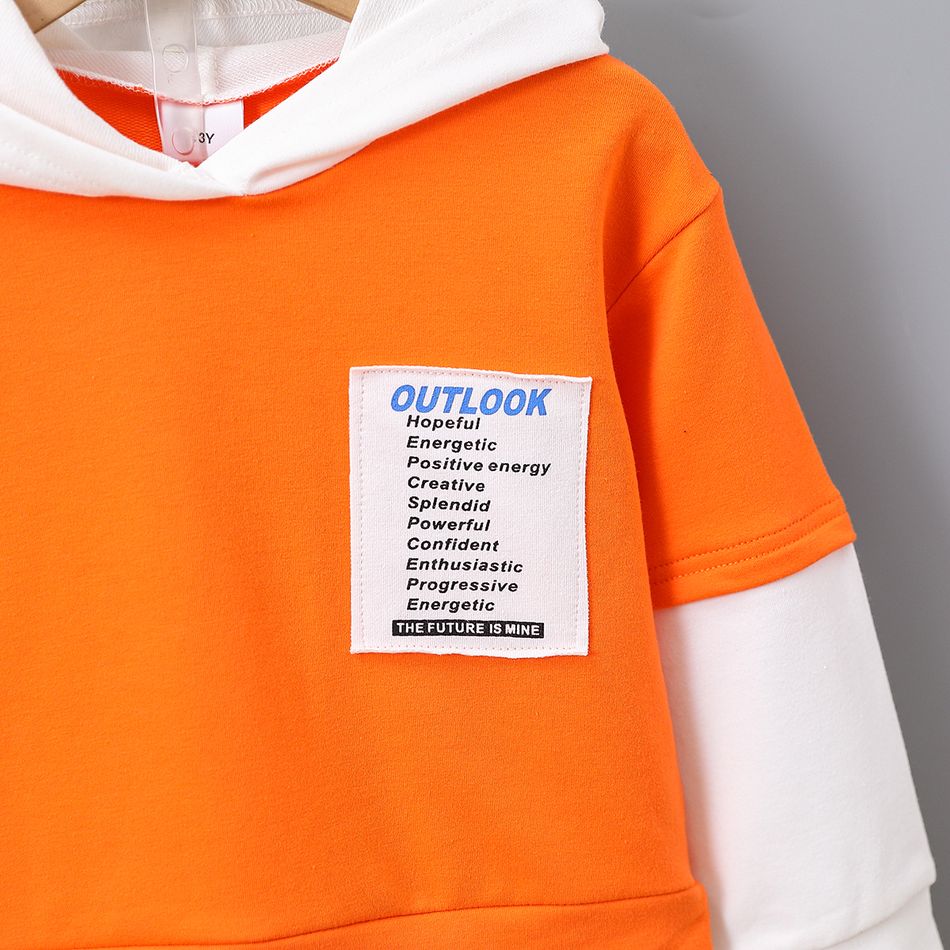 2pcs Toddler Boy Trendy Faux-two Letter Print Hoodie Sweatshirt and Pants Set Orange big image 4