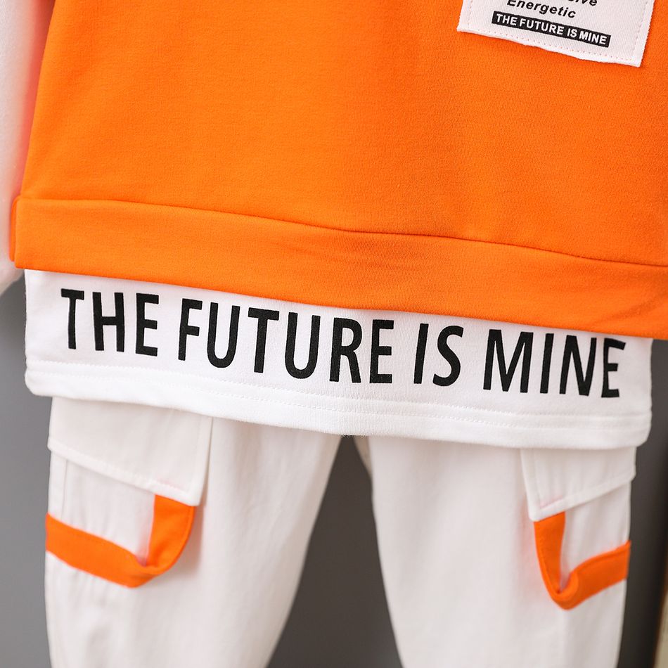 2pcs Toddler Boy Trendy Faux-two Letter Print Hoodie Sweatshirt and Pants Set Orange big image 5