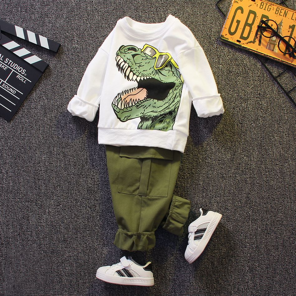 2pcs Kid Boy Animal Dinosaur Print Pullover Sweatshirt and Pocket Design Cargo Pants Set White