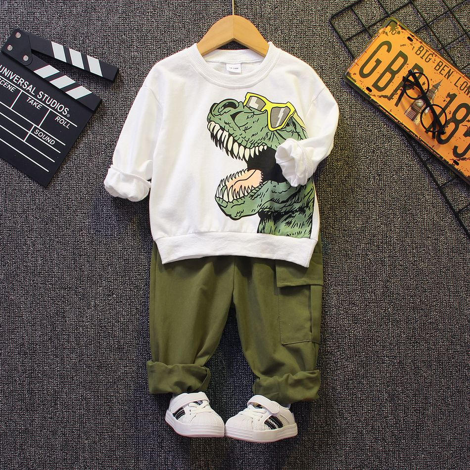 2pcs Kid Boy Animal Dinosaur Print Pullover Sweatshirt and Pocket Design Cargo Pants Set White big image 2